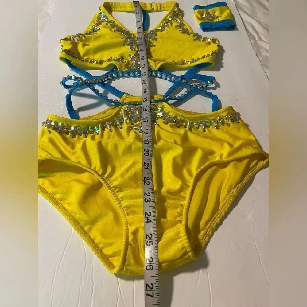 Custom Solo Dance Costume Yellow Blue Rhinestone Jazz Costume MA-Medium adult